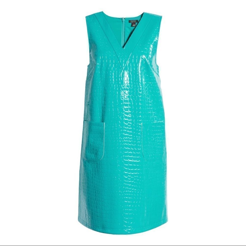 Nordstrom New Halogen Faux Leather Shift Dress Sleeveless Pockets Crocteal Lapis